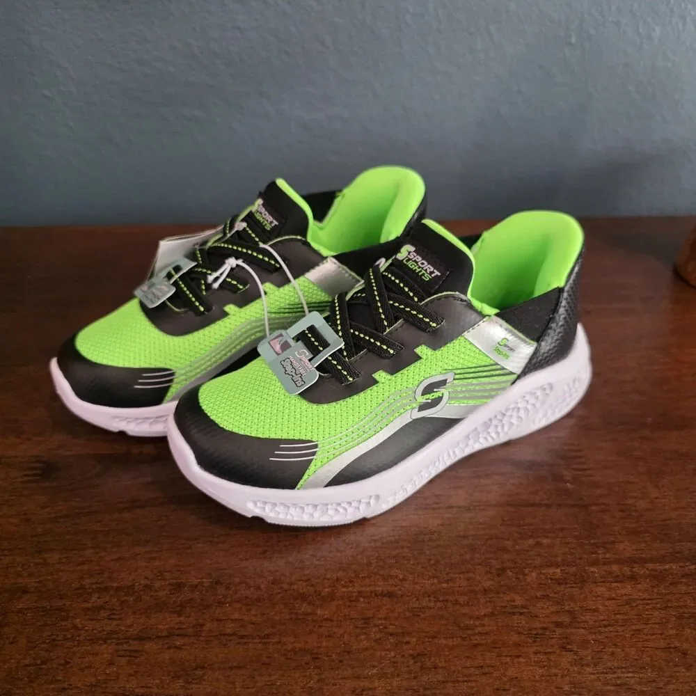 Shoes Boys Toddler Sport By Skechers Size 12 Light up Step-ins Green NWT